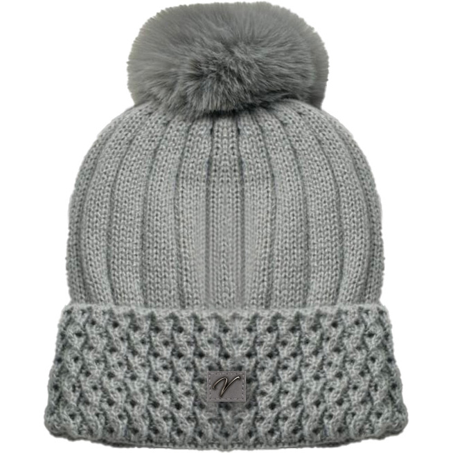 Image Knitted Hat with Inner Liner and Fur Pompom - Grey