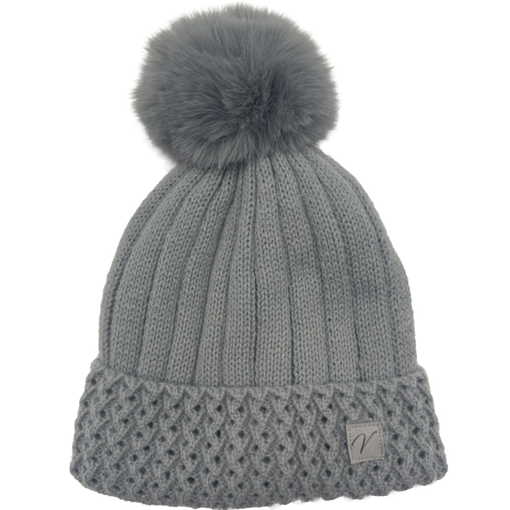 Image Knitted Hat with Inner Liner and Fur Pompom - Grey