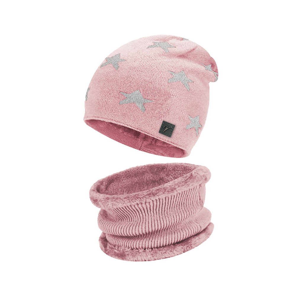 Image Ensemble tuque et cache-cou pour enfants, rose pâle avec étoiles