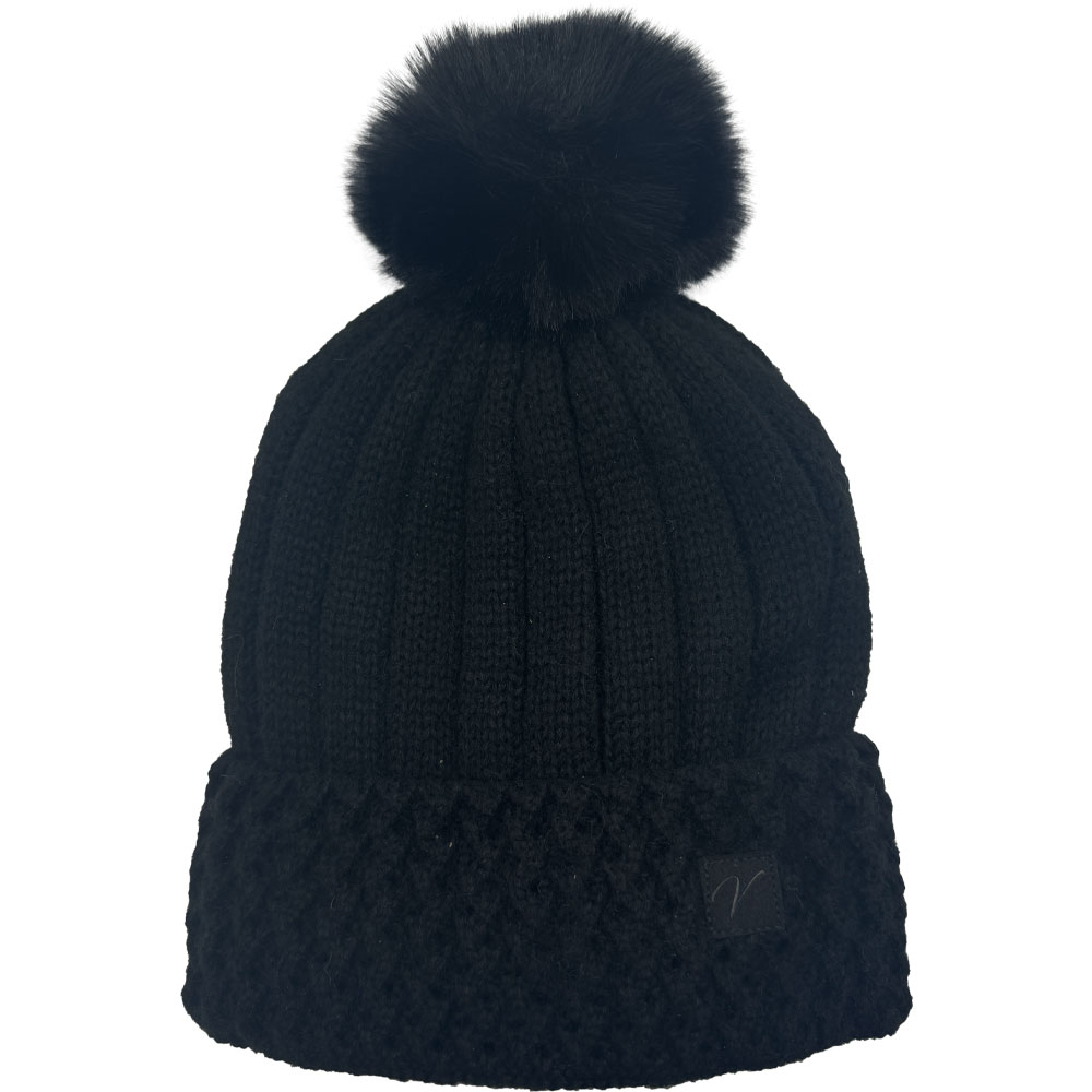 Image Knitted Hat with Inner Liner and Fur Pompom - Black