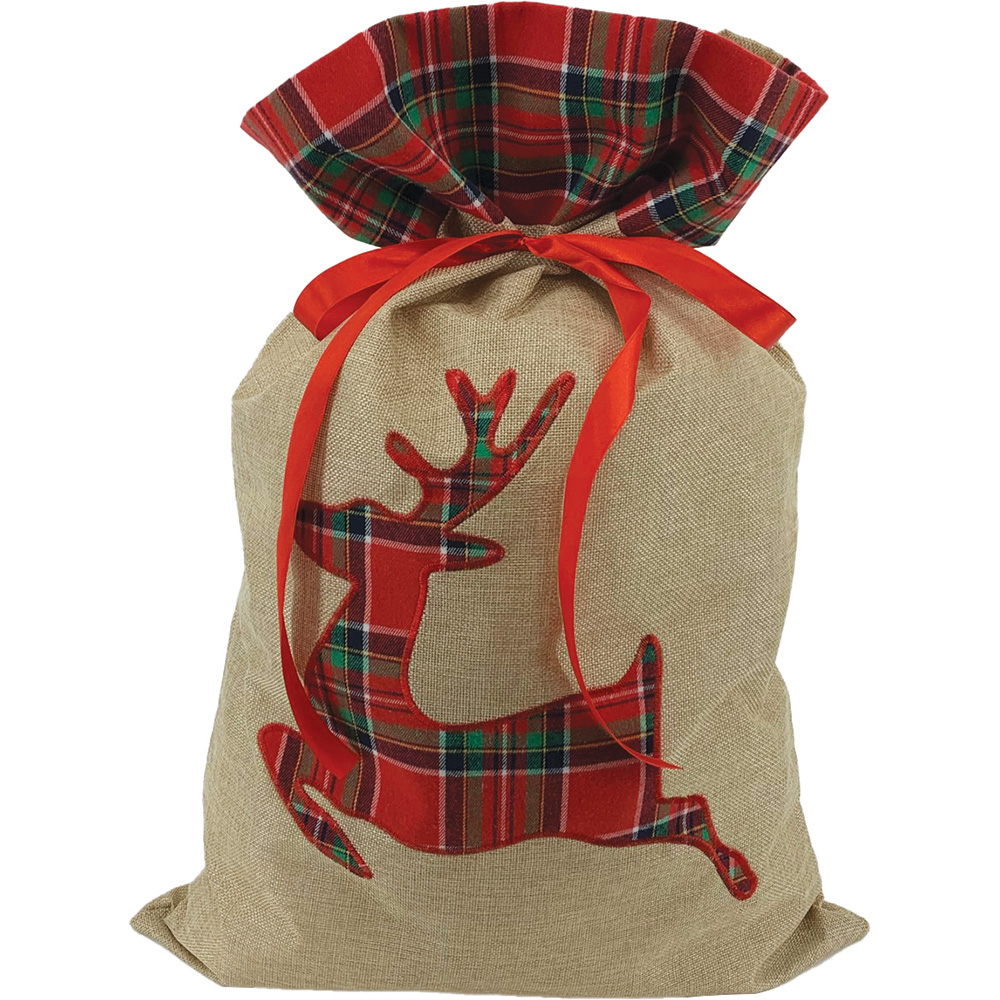 Image Burlap Gift Bag with Plaid Embroidery: Reindeer Design