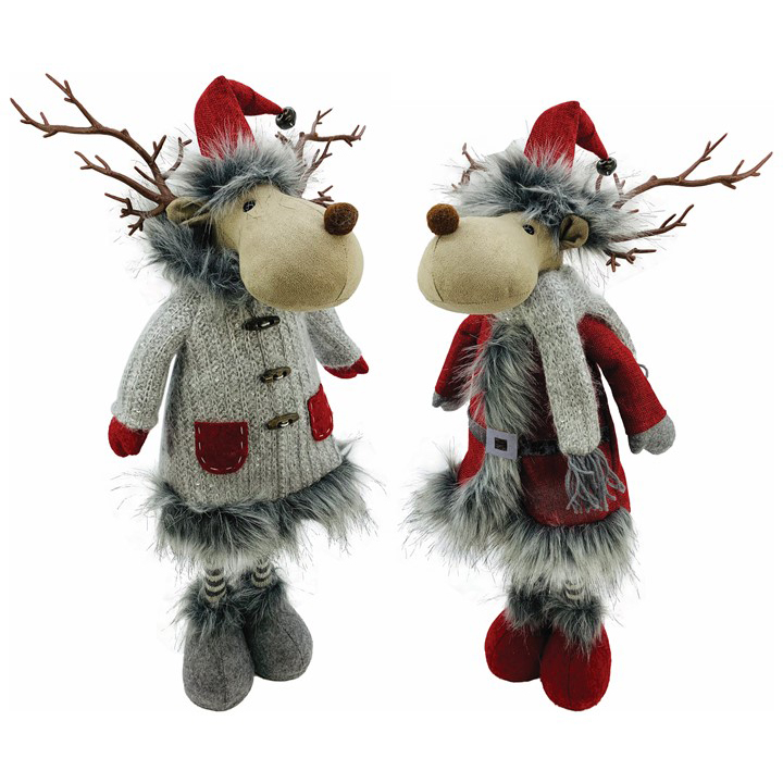 Image Ensemble de rennes debout décoratifs - 2 modèles: manteau rouge et manteau gris avec fourure