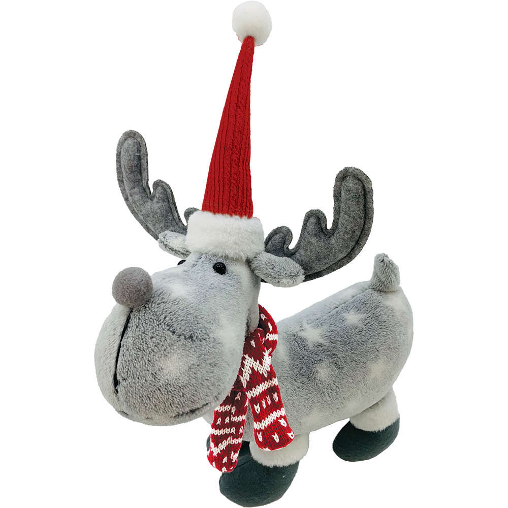 Image Standing Fur Moose with Red hat and Knitted scarf
