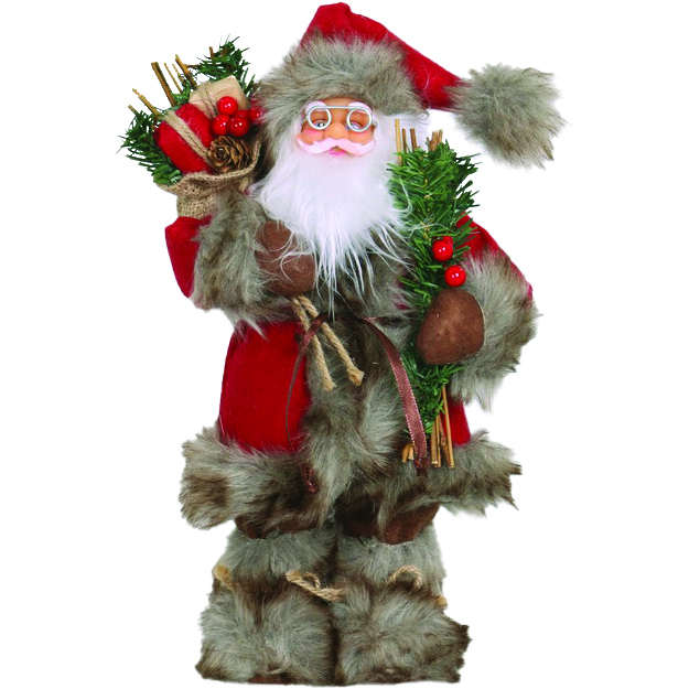 Image Père Noël deluxe avec cadeaux et feuille de gui, bottes en fourrure et gants en cuir