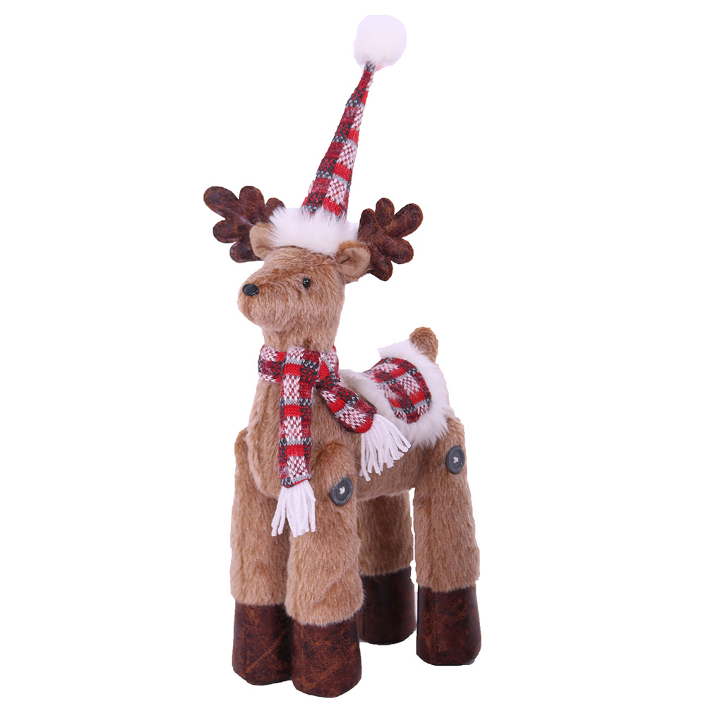 Image Standing Fur Deer - with Knitted Plaid Hat and Scarf