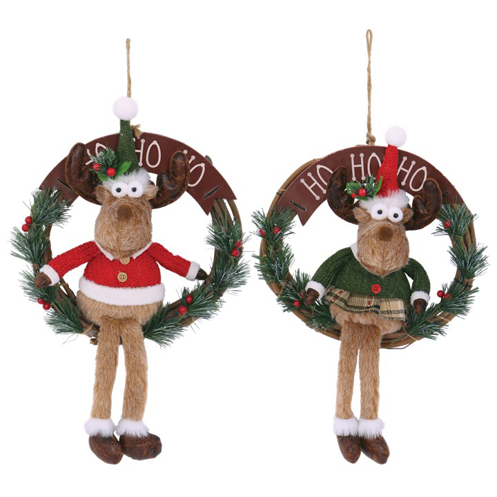 Image Duo of Wreath Plush Fur Reindeers - 2 models: red & green