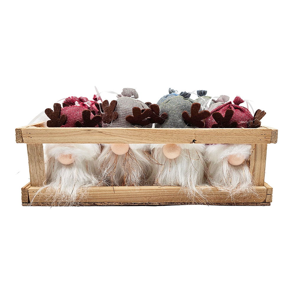 Image 12PC Assortment of LED Gnome-Deer Ornaments / in a Natural Wood Tray - 3 Assorted Colors