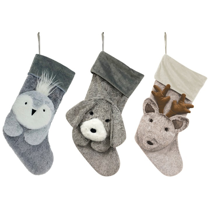 Image Trio of Fur Plush Animal Christmas Stockings: Penguin, Reindeer, Dog