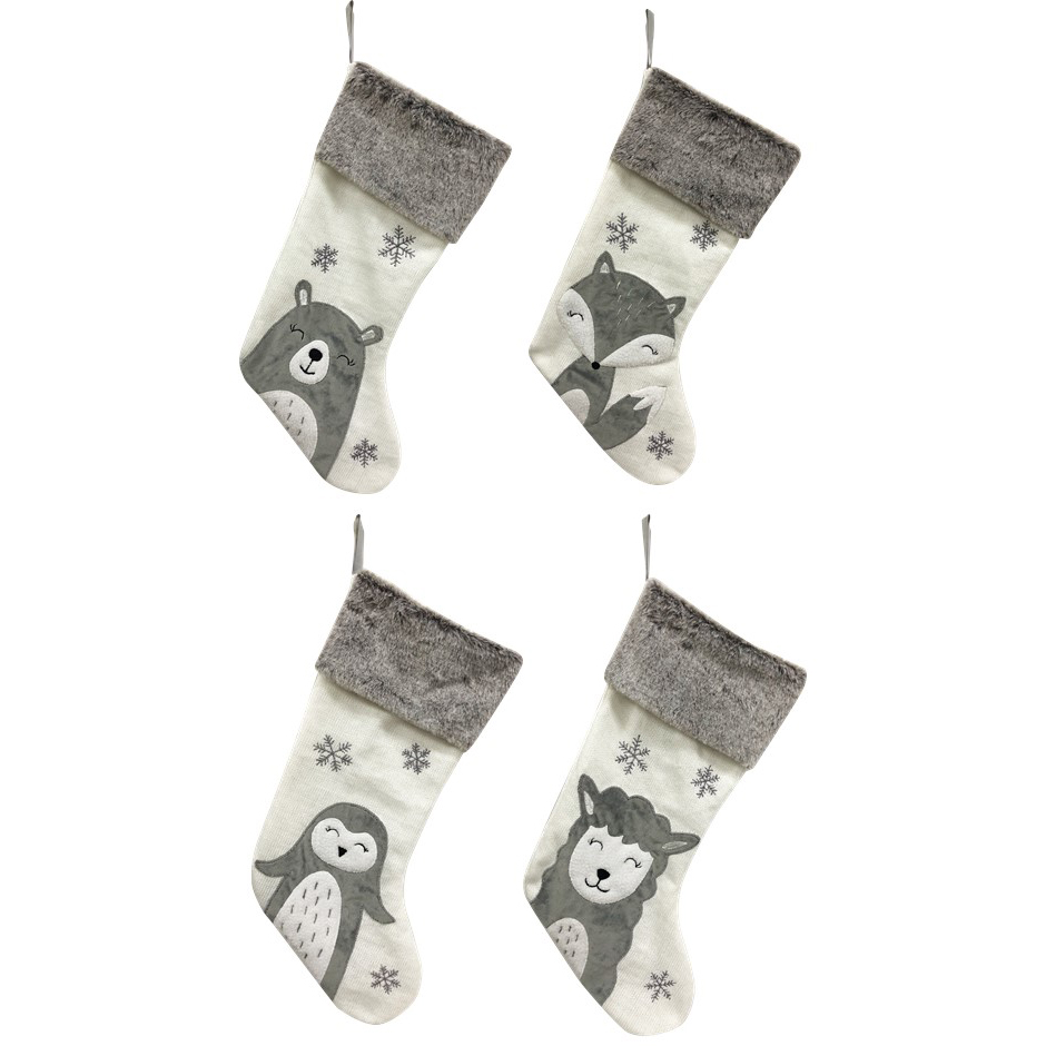 Image Set of 4 Grey & Beige Christmas Stockings : penguin, bear, fox, sheep